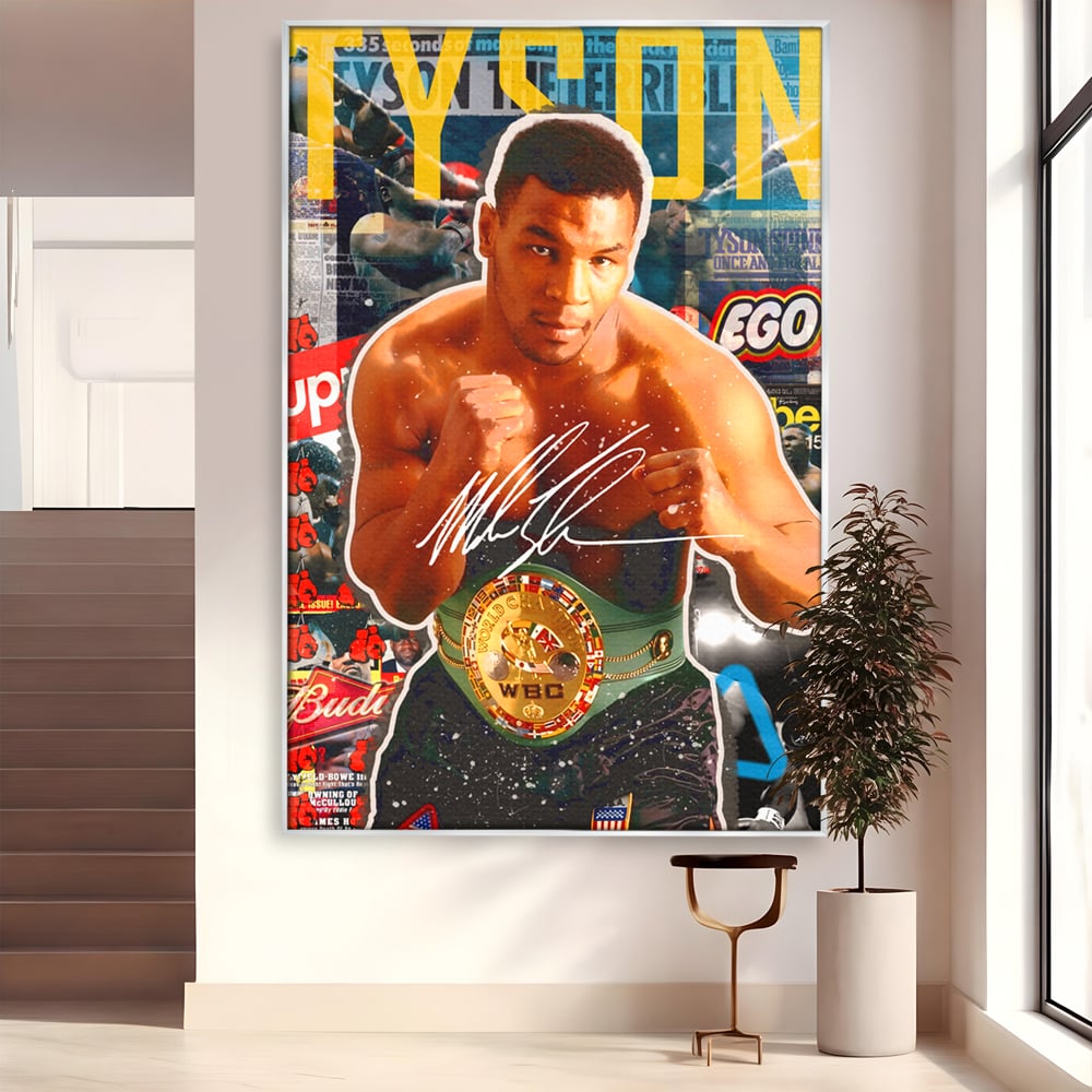 Tablou canvas cu tablou canvas cu boxerul mike tyson, in rama de aluminiu argintiu